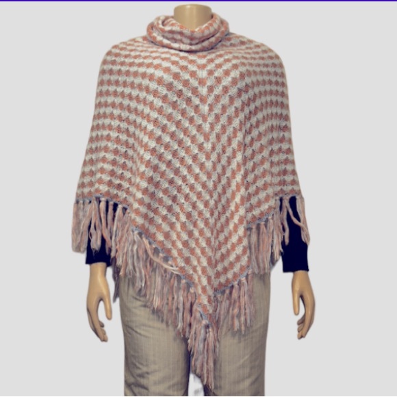 Karma Woman's Poncho Turtleneck loose Knit Fringe hem Ivory Pink blue size OS - Picture 8 of 14